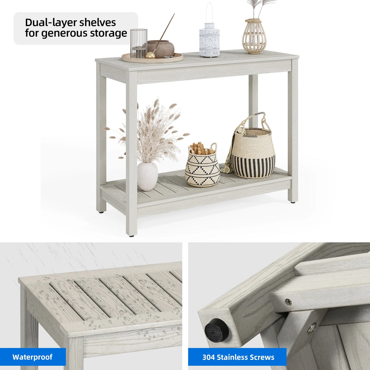 38.3in Grey Wash Wood Console Table with Storage Shelves J1918
