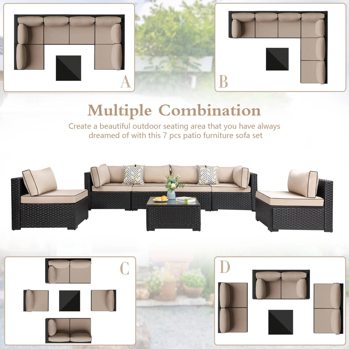 7 Pieces All-Weather Rattan Sectional Sofa with Tea Table A7529