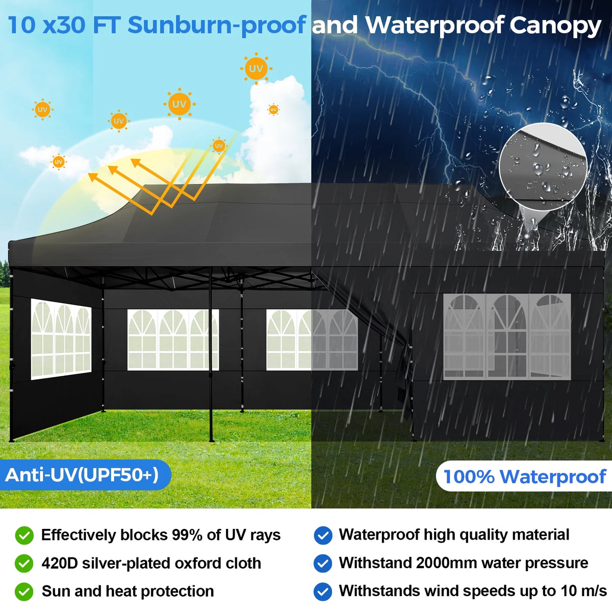 10' x 30' Pop Up Canopy with 8 Removable Sidewalls, Black G8589