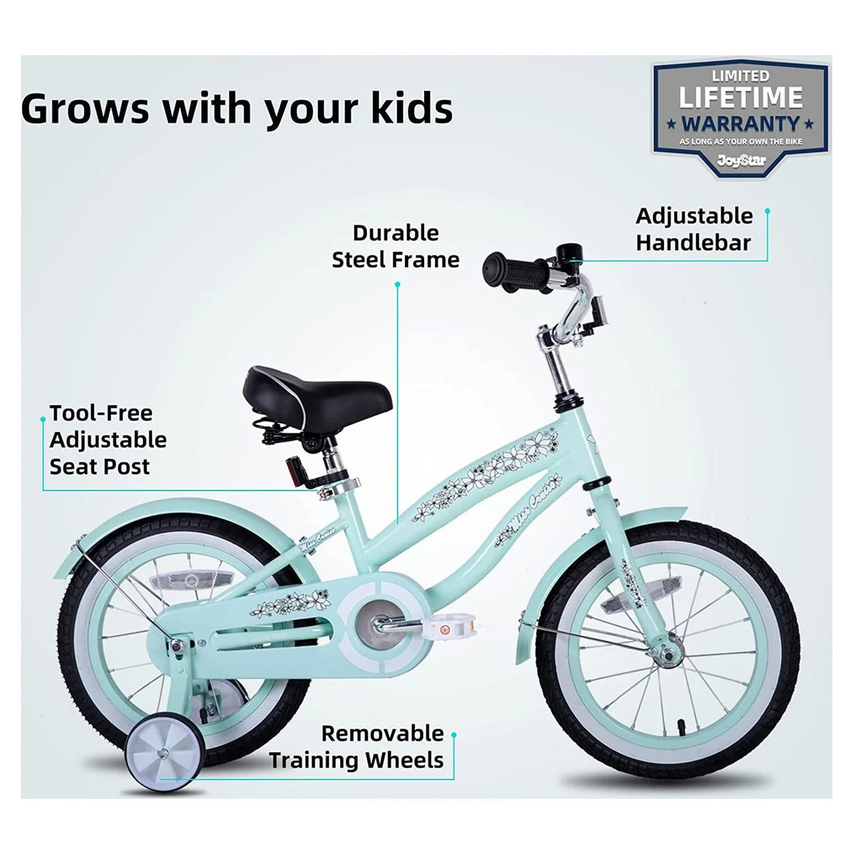 12 14 16 Kids Cruiser Bike with Training Wheels, Green W3124
