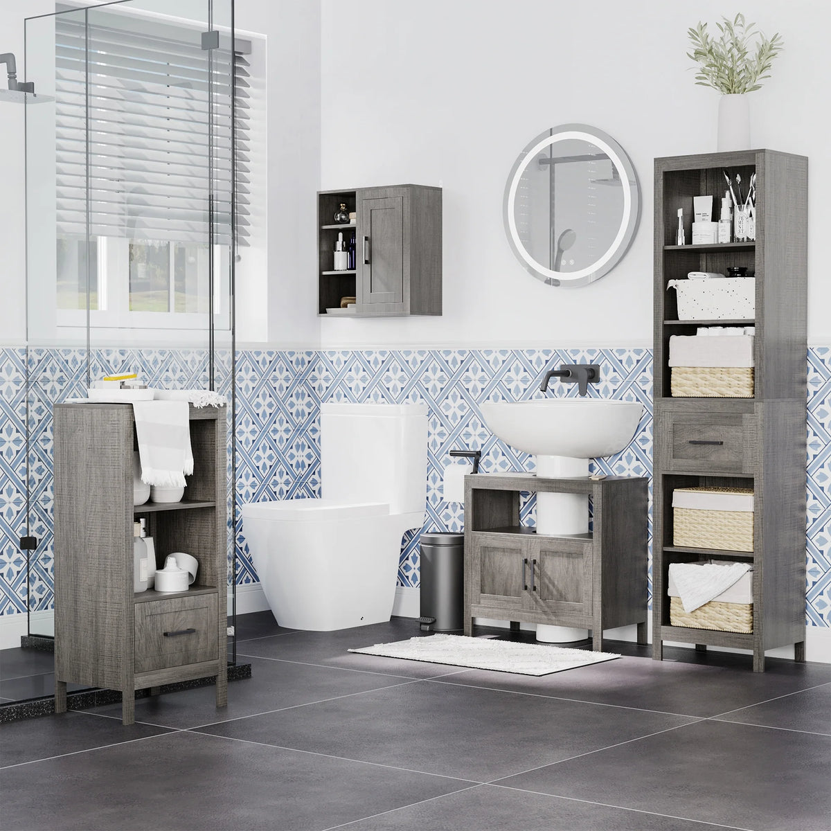 Narrow Gray Bathroom Storage Cabinet with Drawer and 5 Tier Shelf G34894