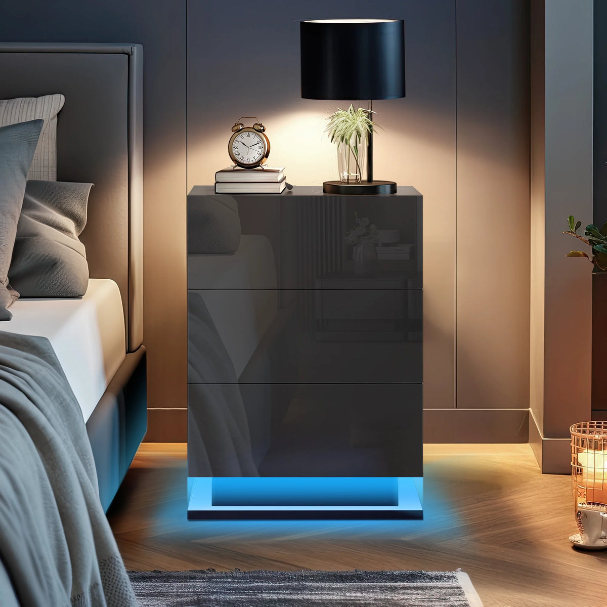Black 3 Drawer LED Nightstand F515297