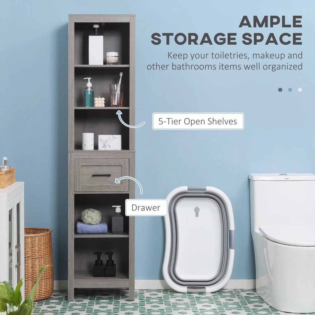 Narrow Gray Bathroom Storage Cabinet with Drawer and 5 Tier Shelf G34894