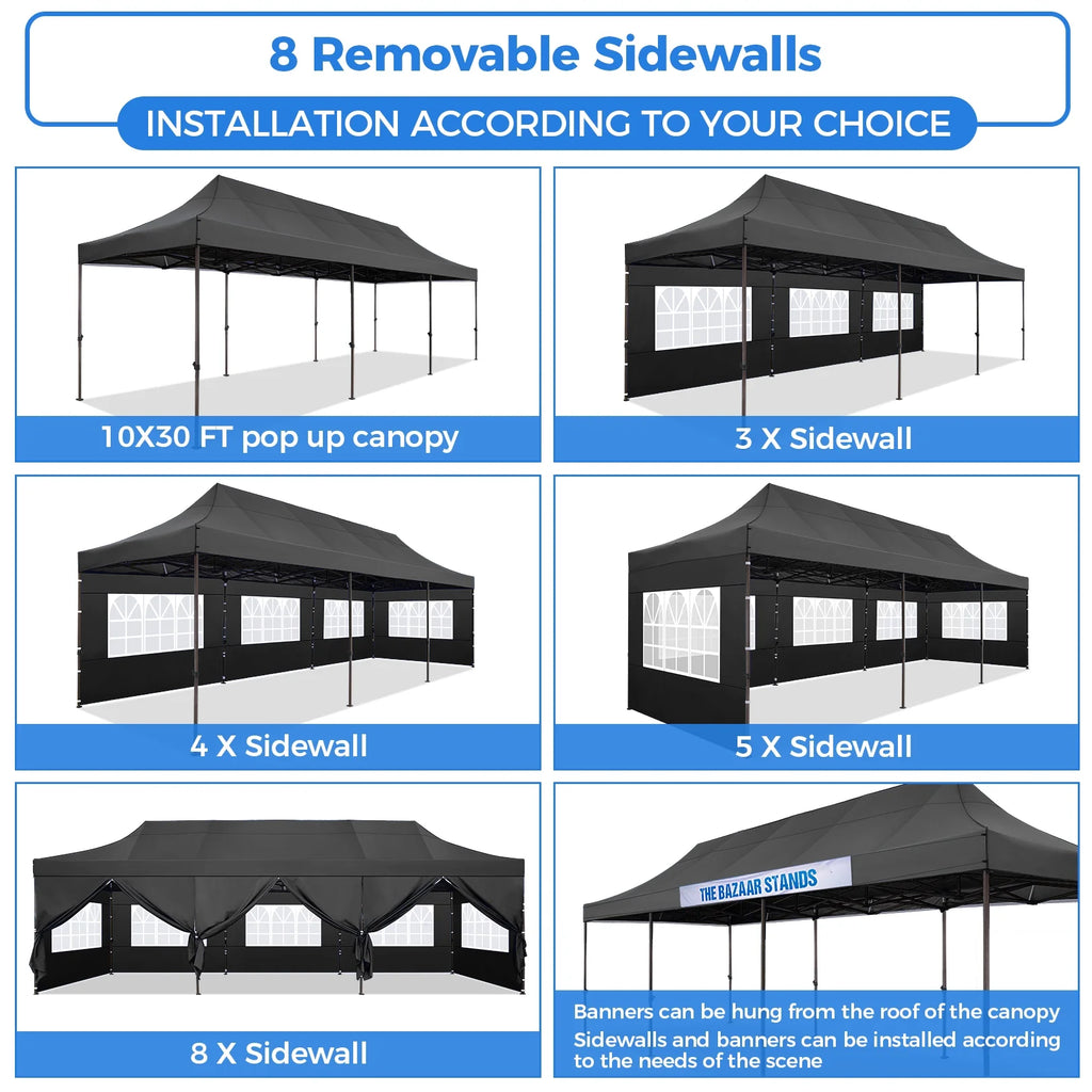 10' x 30' Pop Up Canopy with 8 Removable Sidewalls, Black G8589