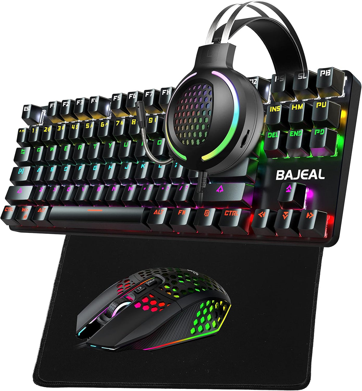 4 in 1 Gaming Keyboard Mouse Headset Mousepad Combo, Wired RGB, Black Z32838