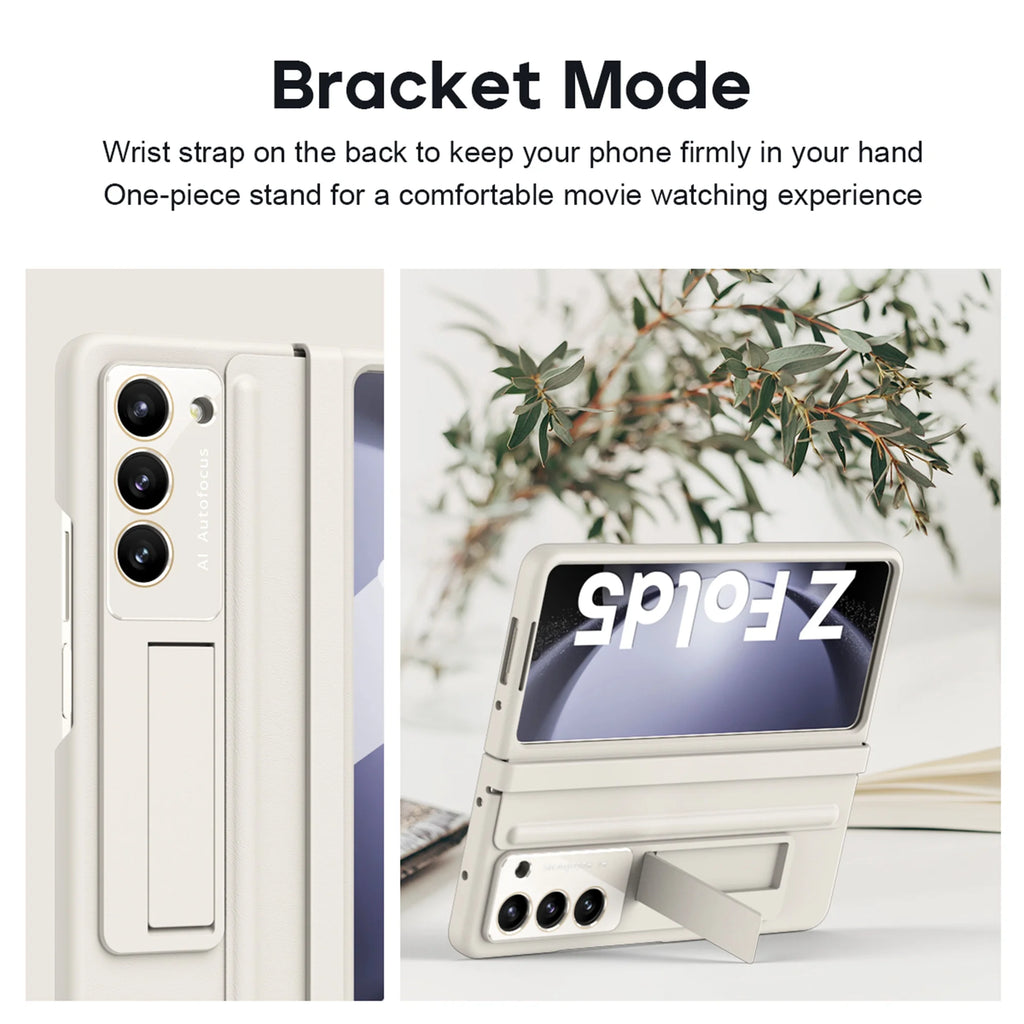 White Ultra Thin Magnetic Kickstand Case with Glass Screen Protector for Samsung Galaxy Z Fold 5 R81407