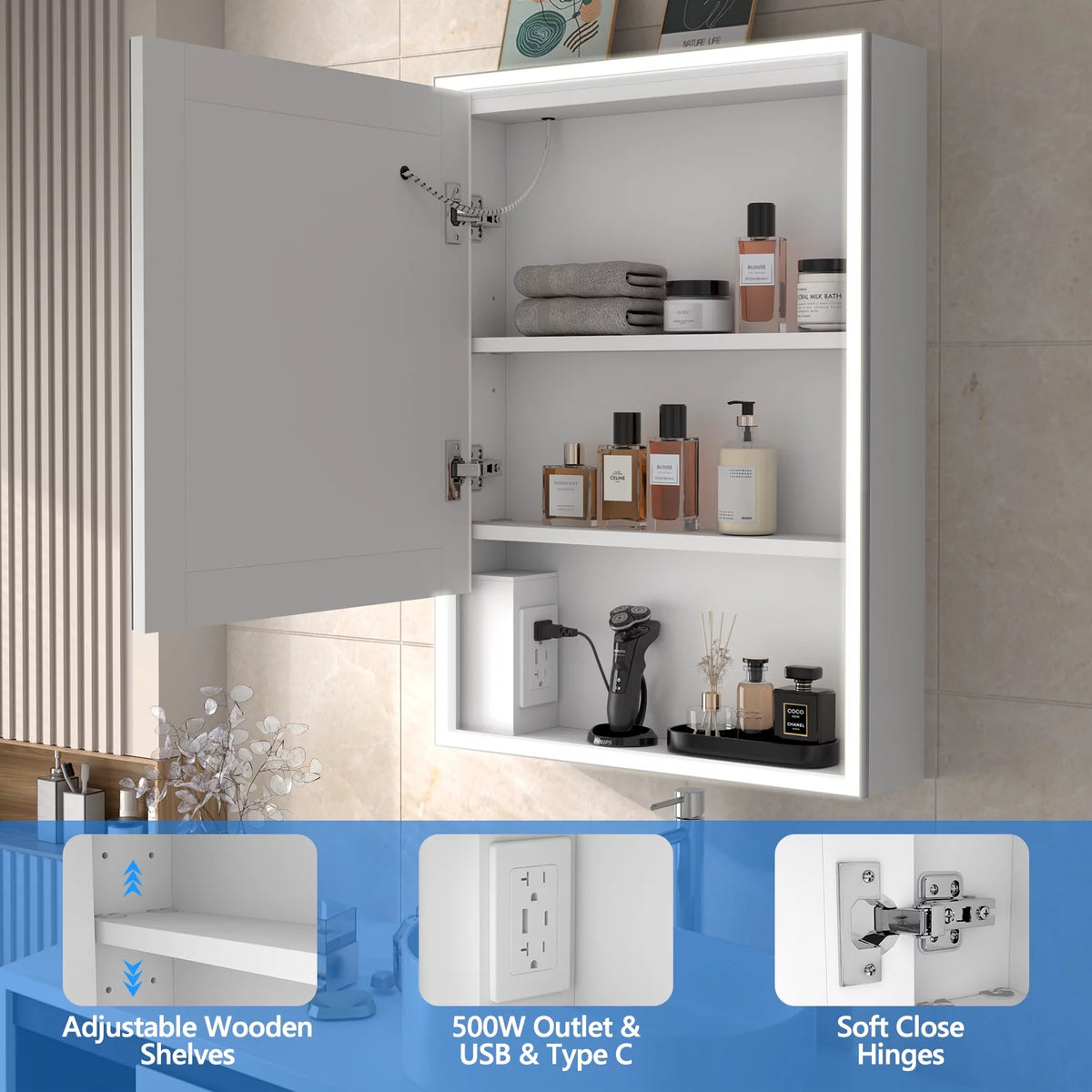 28 x 20 Inch Led Medicine Cabinet with Defog Storage Shelves U522457