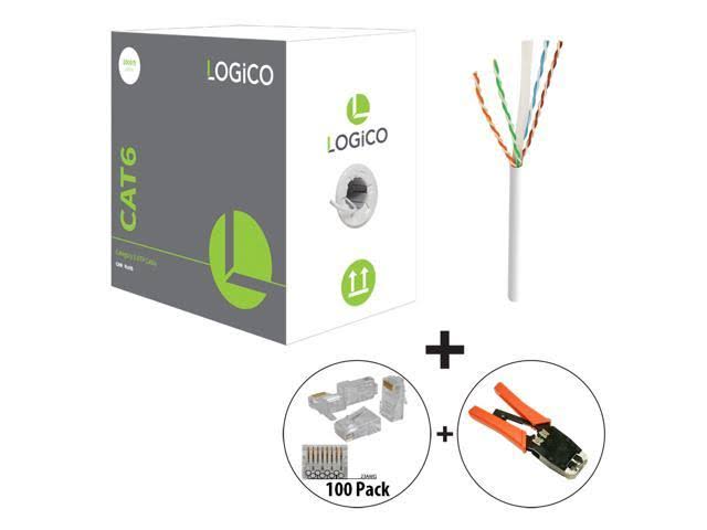 Cat6 UTP Riser CMR Cable 1000ft White with RJ45 Crimp Tool and 100 Piece Cat6 RJ45 Plugs Kit J353